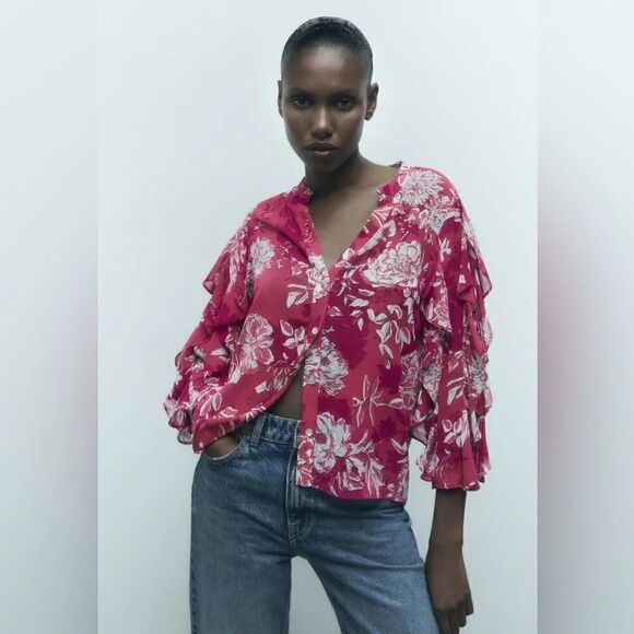 ZARA PRINTED TOP WITH RUFFLES - Picture 4 of 11